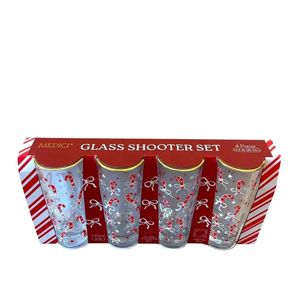 Christmas Candy Canes & Bows Shot Glasses Set of 4 Chic Holiday Barware New